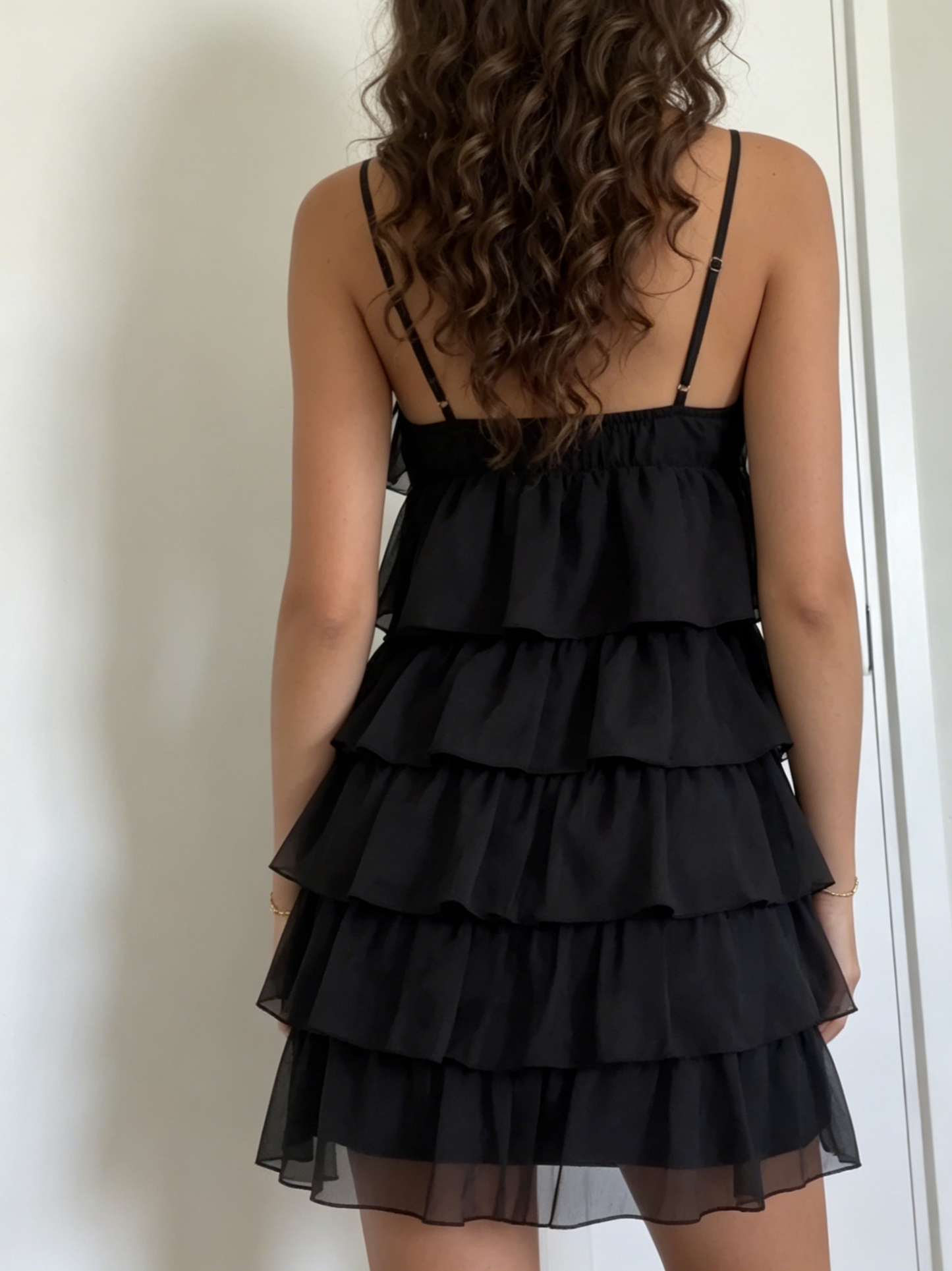 Light Chiffon Mini Shift Spaghetti Strap Straight Neck Multi Layer Tier Ruffle Adjustable Strap Back Smocked Homecoming Dresses