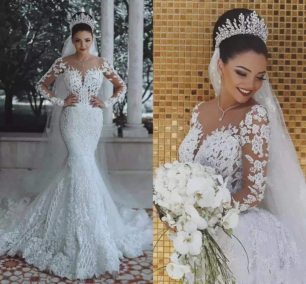 Long Sleeve Lace Wedding Dress Mermaid Beads Lace Appliques Wedding Gowns