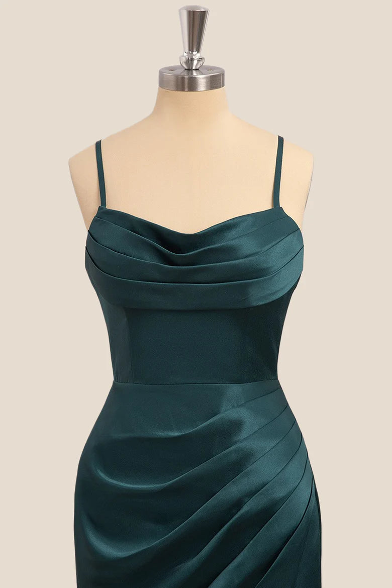 Lustrous Satin Mermaid Cowl Neck Spaghetti Strap Floor Length Slit Evening Dress