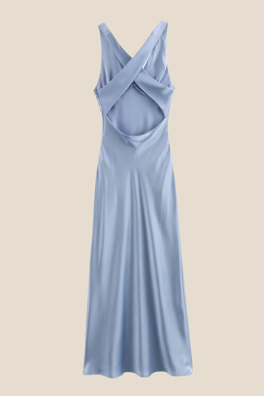 Lustrous Satin Slip V-Neck Sleeveless Cross Back Cutout Midi Evening Dress