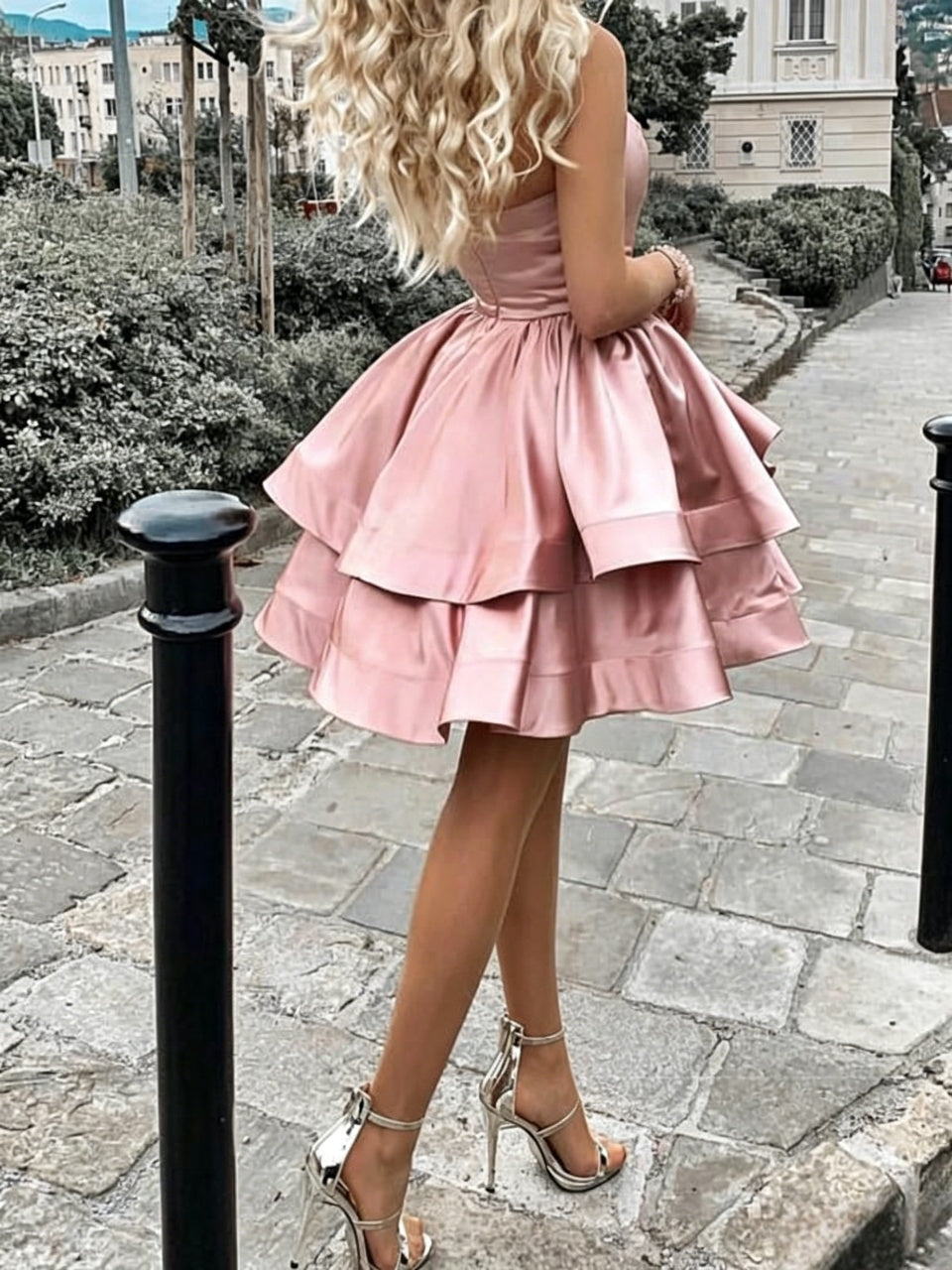 Lustrous Satin Strapless Fitted Bodice Tiered Ruffle Skater Mini Homecoming Dresses