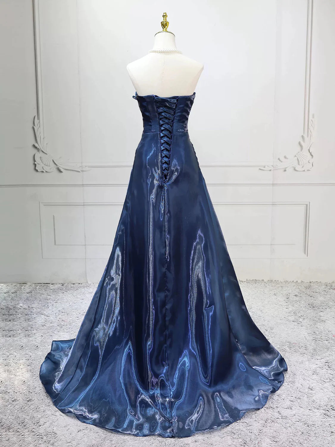 Elegant Navy Blue Satin A-Line Strapless Ruched Lace-Up Back Prom Dresses