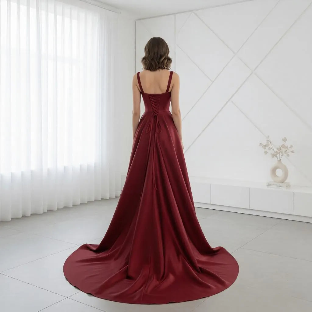 Luxurious Satin Ball Gown Sweetheart Neck Spaghetti Strap Lace-Up Back Sweep Train Evening Dress
