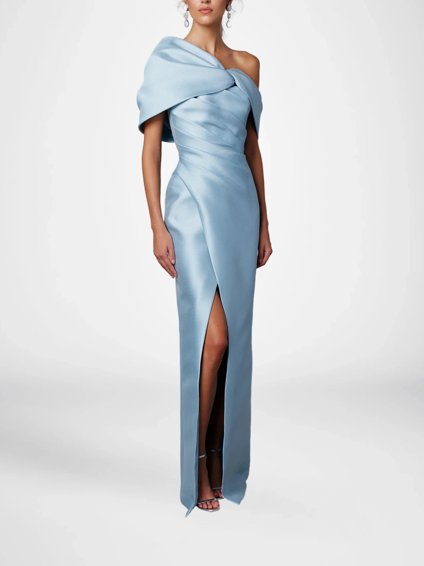 Tight fit/column off shoulder short sleeved and ground length slit mot – LD  Dress