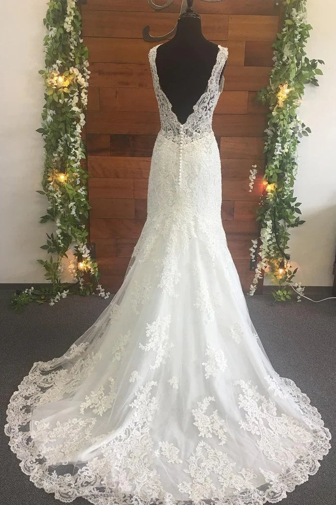 Mermaid Lace Beads Appliques V Neck Ivory Wedding Dresses Long Bridal Dress