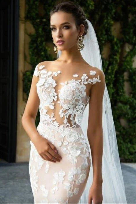 Mermaid Light Pink Backless Lace Appliques Wedding Dresses Short Sleeve Bridal Dress