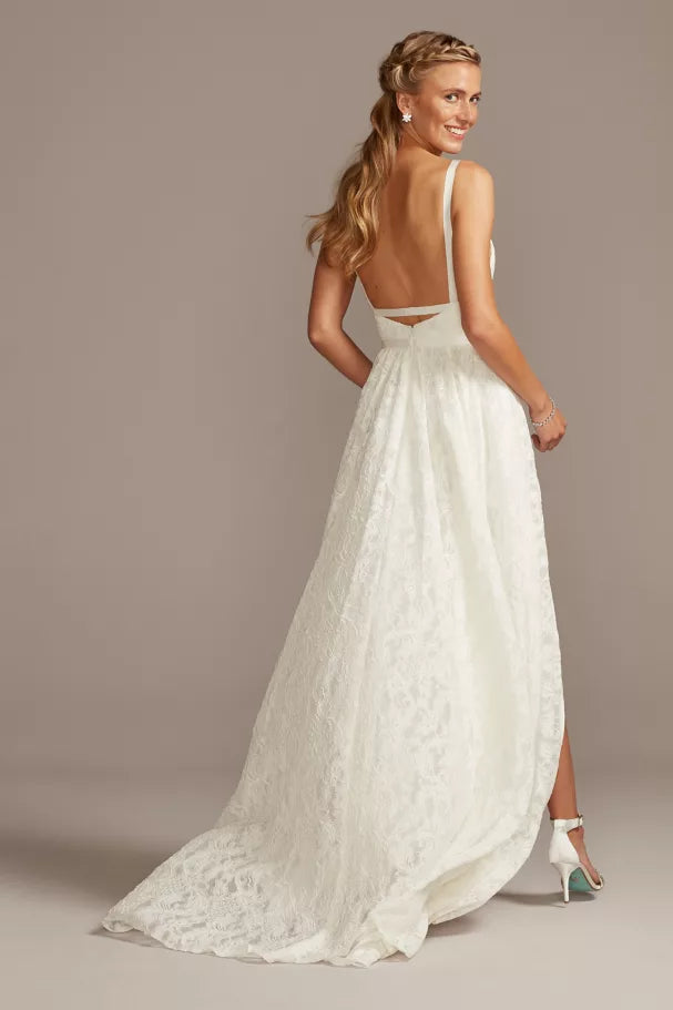 Minimal White Floral Lace Spaghetti Strap Sweetheart Low Back High Slit Chapel Train Wedding Dresses