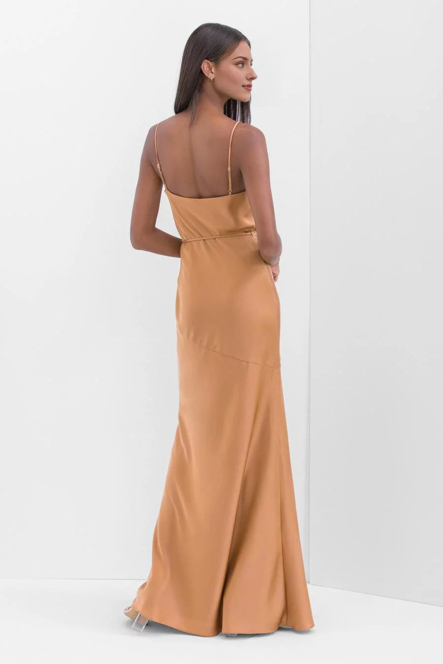 Modern Cowl Neck Sleeveless Satin Spaghetti Strap Side-Slit Floor-Length Evening Dress