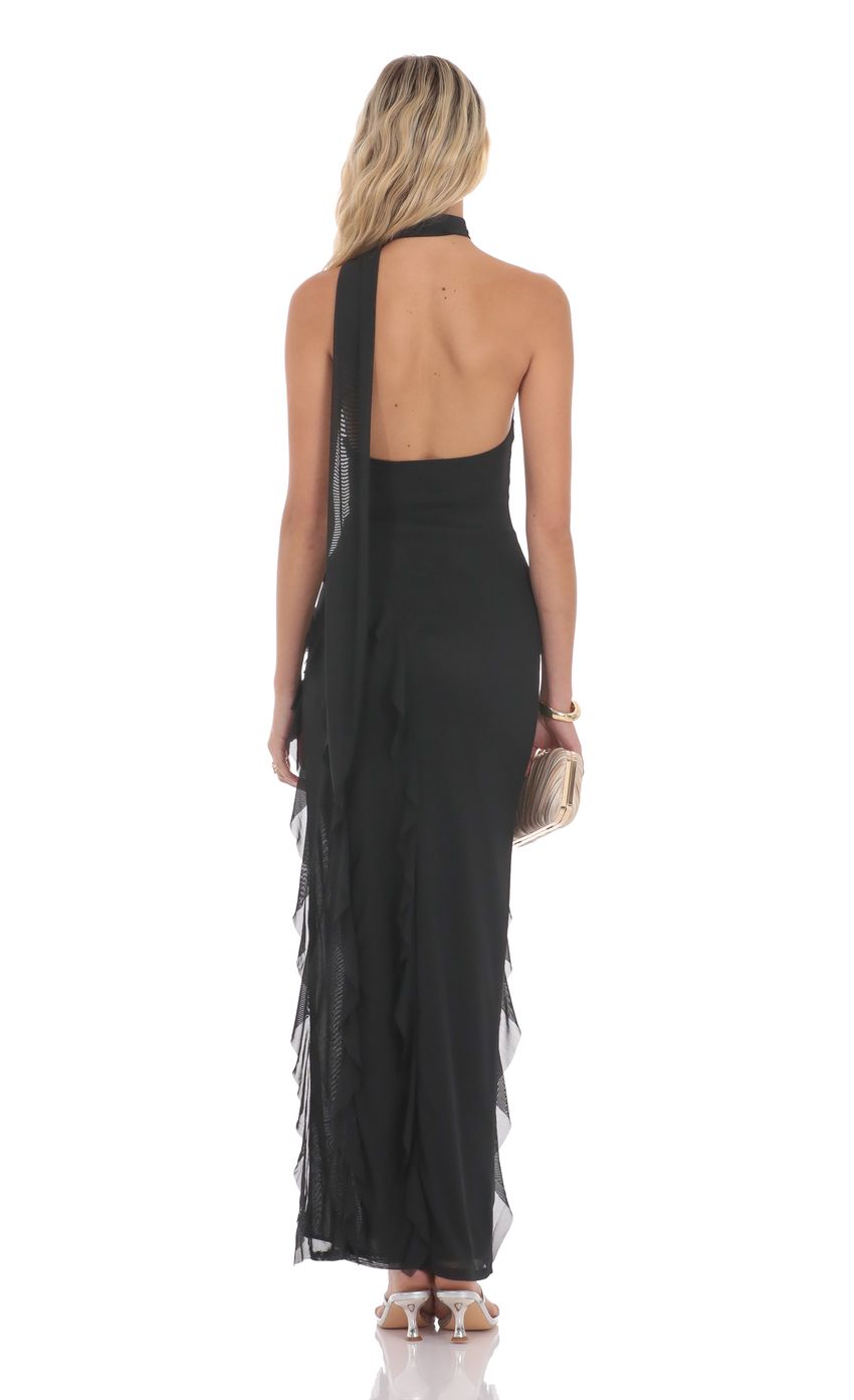 Modern One-Shoulder Halter Neck Open Back Ruffle Trim Maxi Evening Dress with High Slit