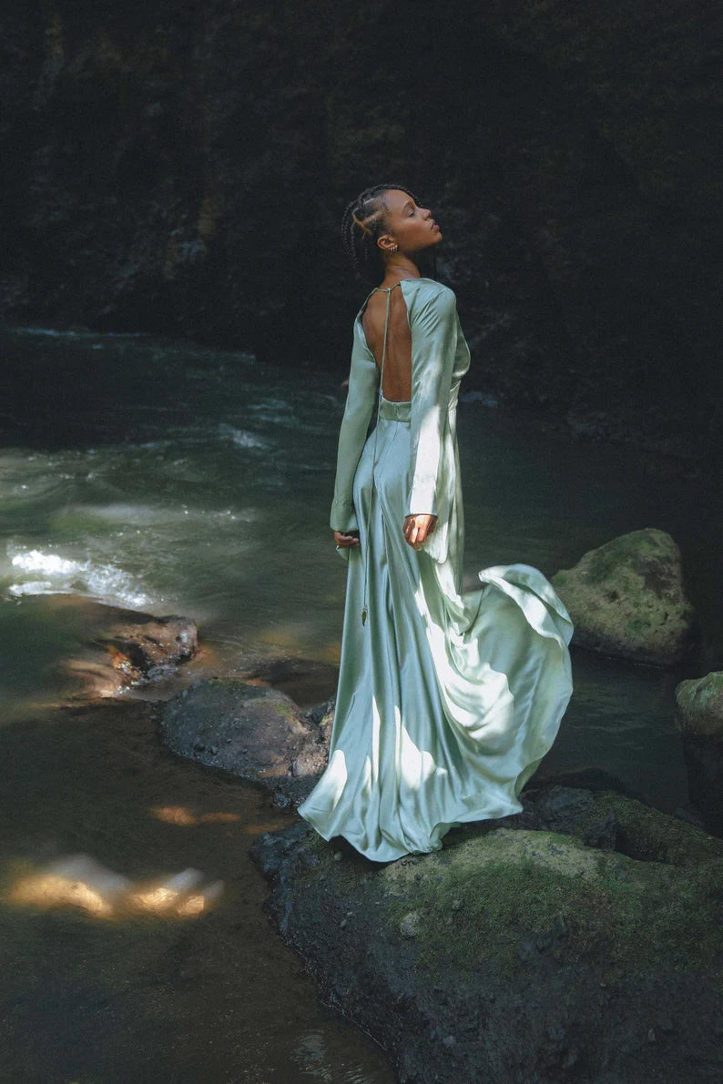 Mythical Sage Green Satin Evening Dresses with Bell Sleeves, Plunge V-Neck, Open Back and Flowing Maxi Silhouette Formal Gown