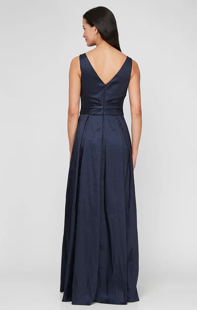 Navy Taffeta Sleeveless Deep V-Neck Ruched Waist Pleated A-Line Pocket Floor Length Mother of the Bride Dresses