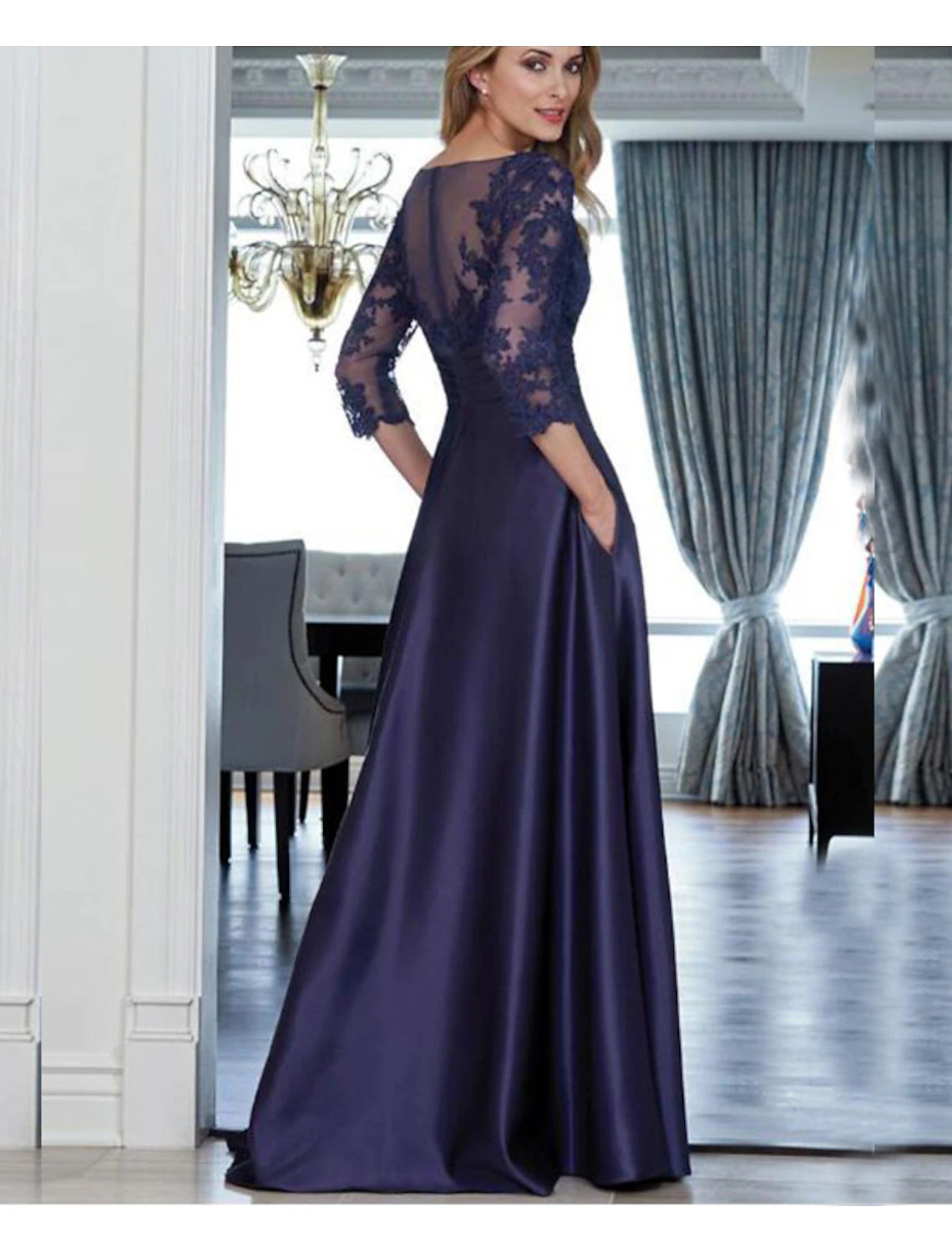 Navy A-line Boat Neck 3/4 Sleeve Lace Bodice Pleated Waist Satin Floor Length Mother of the Bride Dress
