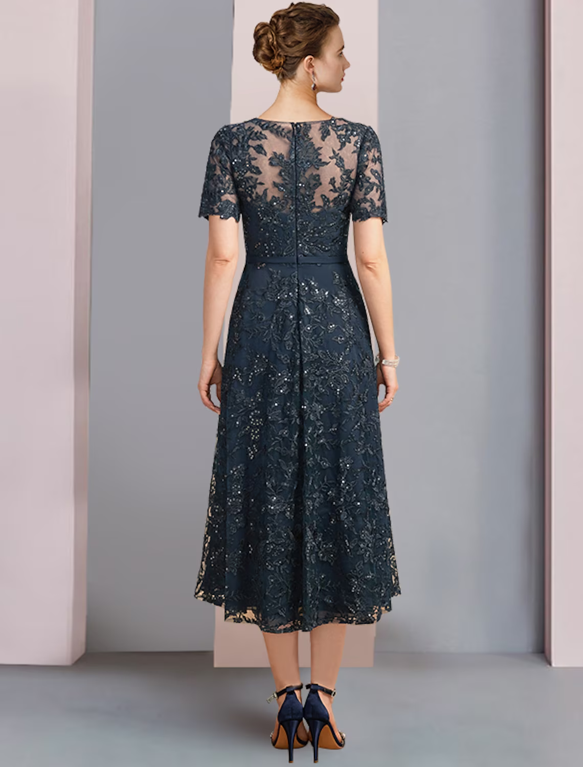 Navy A-line Round Neck Short Sleeve Sequin Lace Midi Mother of the Bride Dress