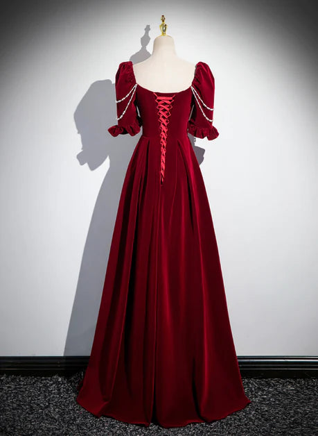 Elegant wine red velvet long ball dress, wine red A-line collar short sleeved backless and floor length evening dress