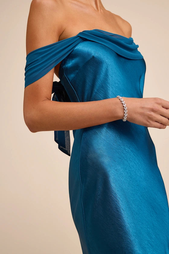 Off-the-Shoulder Satin Evening Dresses with Chiffon Overlay, Back Bow Detail and Floor-Length Formal Gown