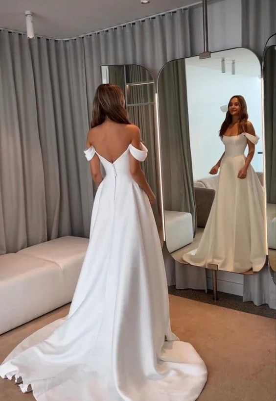 Off-the-Shoulder Square Neck Satin A-Line Floor Length Prom Dresses