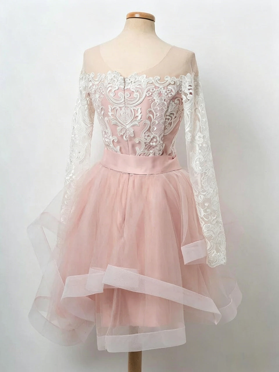 Off Shoulder Lace Long Sleeve Satin Bow Tiered Tulle Short Homecoming Dresses