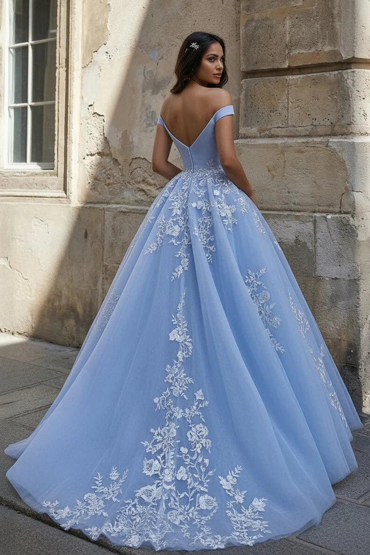 Off Shoulder V Neck Lace Applique Tulle Prom Dress Ball Gown Sweep Train Formal Evening Wedding Gown