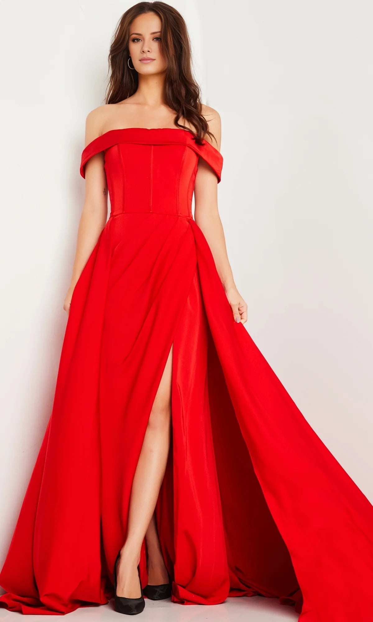 Off shoulder collar sleeveless backless side slit and floor length evening dress