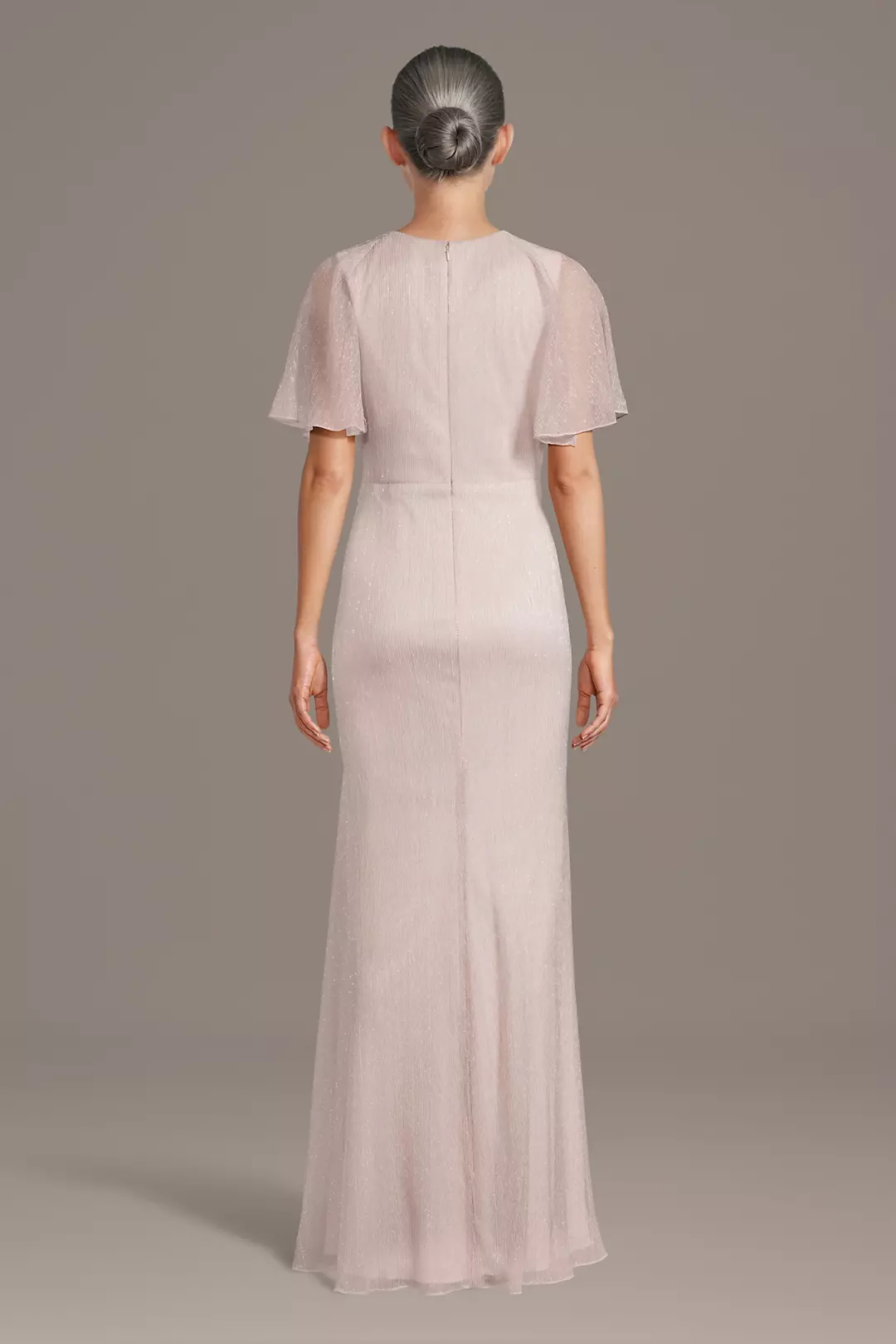 Polished V-Neck Mother of the Bride Dress with Sheer Flutter Sleeves and Twisted Waist Detail