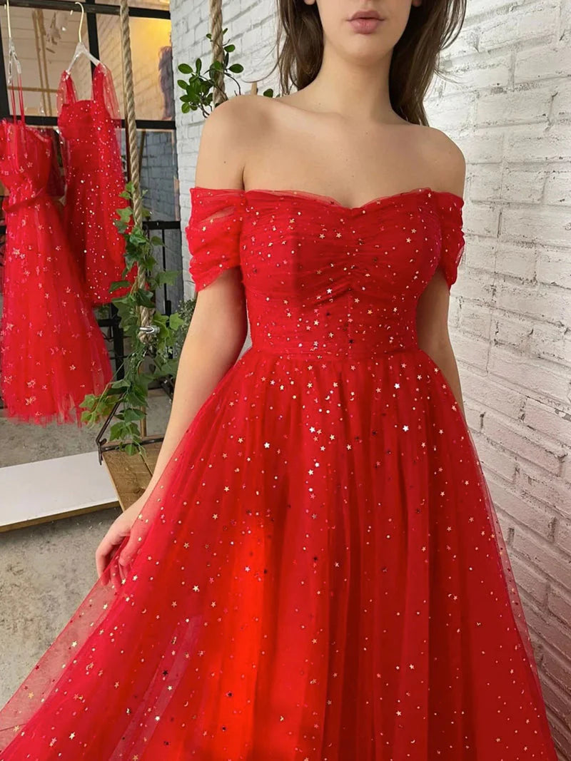 Pretty A Line Red Long Off The Shoulder Prom Dresses With Sequins