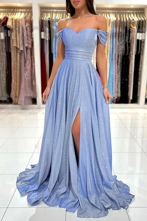 A line sweetheart high slit shiny Prom dress