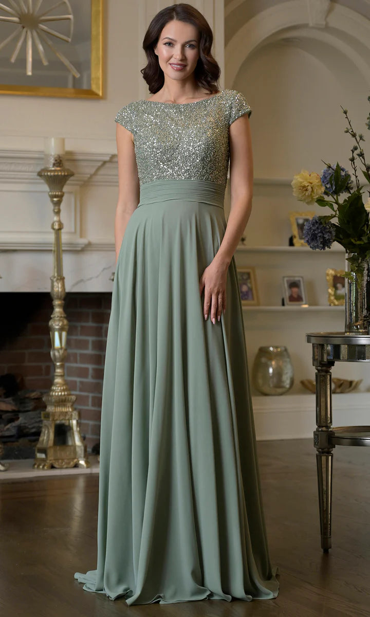 Elegant A-Line Bateau Neck Cap Sleeve V-Back Floor Length Mother of the Bride Dresses