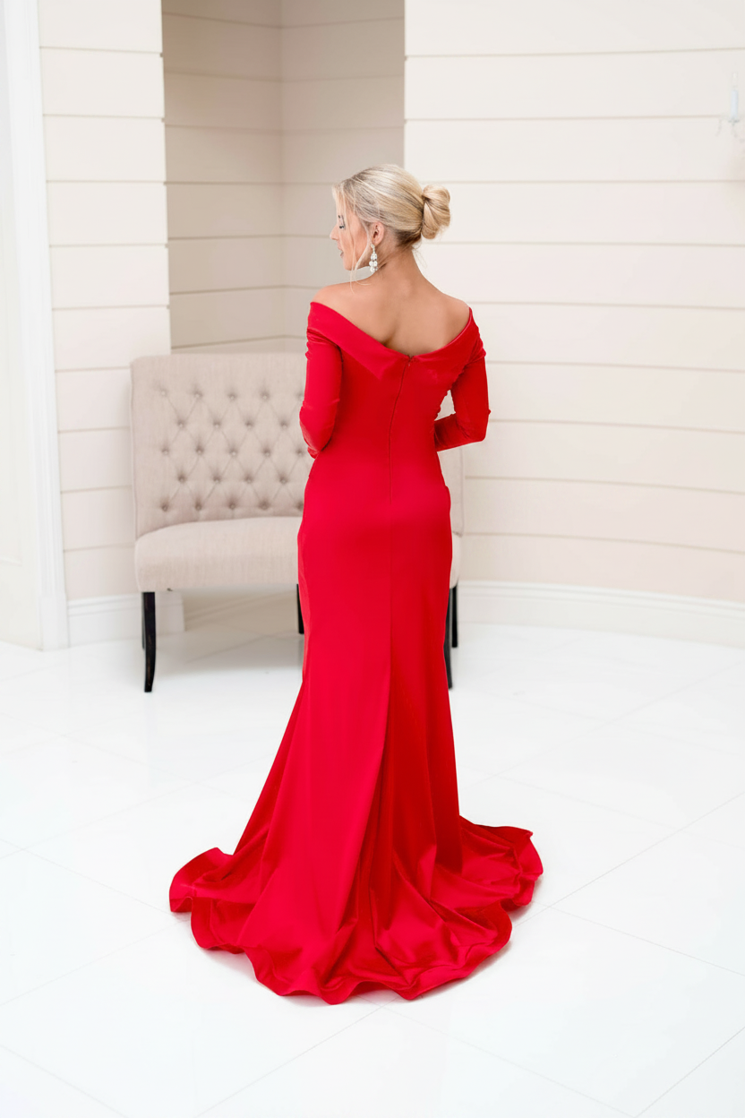 Radiant Satin Mermaid Off-Shoulder V-Neck Long Sleeve Off-Shoulder Back Floor-Length with Train Evening Dresses