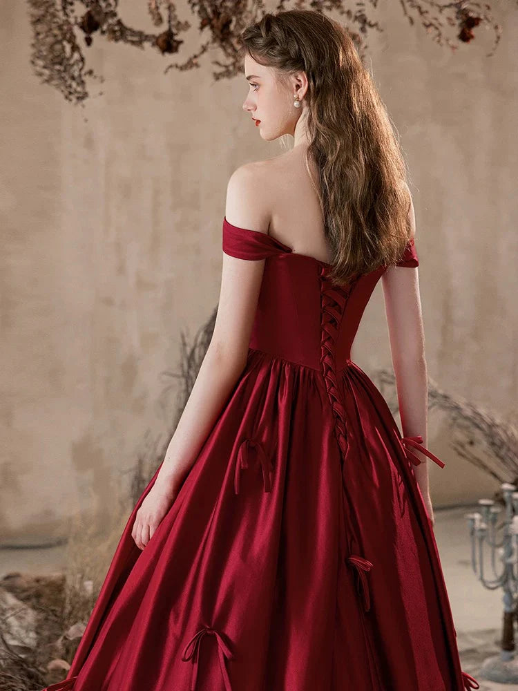 Red Off-the-Shoulder Bow Satin A-Line Lace-Up Back Floor Length Prom Dresses