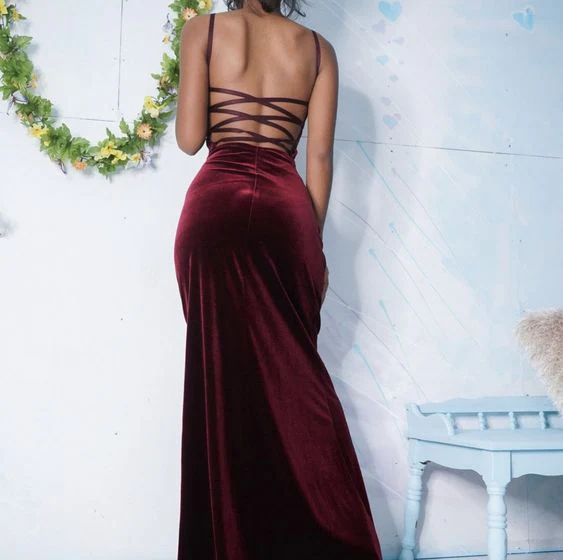 Rich burgundy velvet spaghetti strap crisscross back fitted floor prom dress