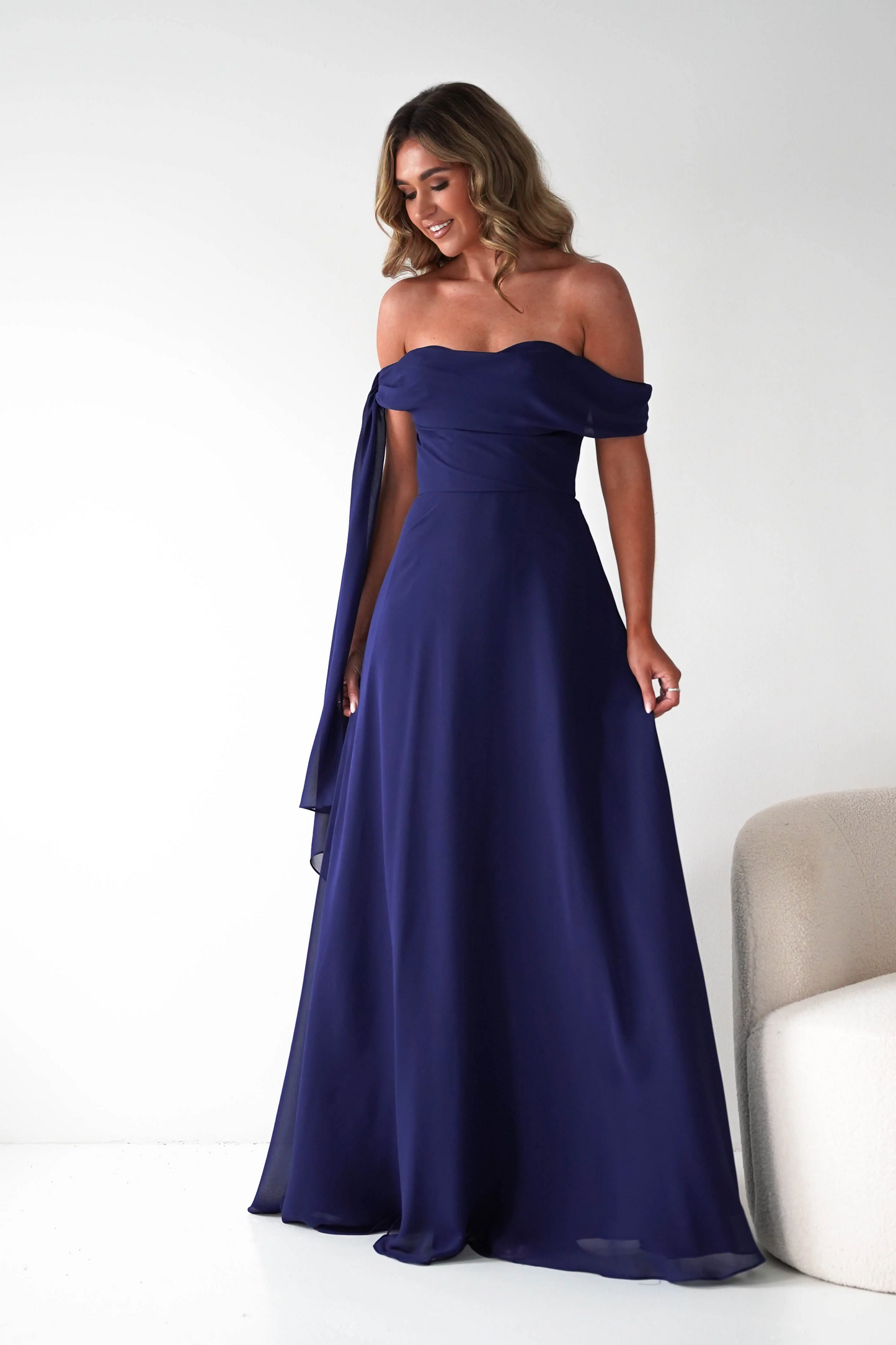 Romantic A-Line Off-The-Shoulder Draped Strap Zipper Back Floor-Length Chiffon Prom Dress