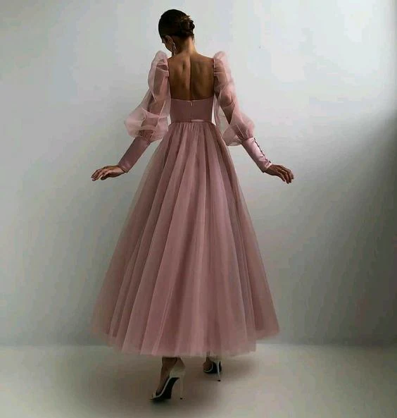 Romantic A-Line Plunging Neck Puff Long Sleeve Open Back Tea Length Prom Dress