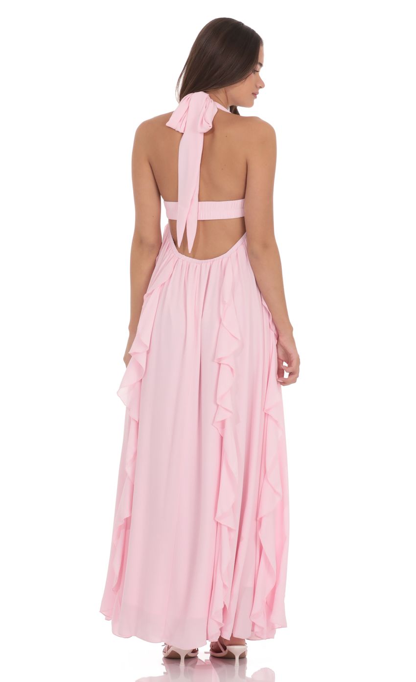 Romantic Blush Pink Halter Neck Twist Front Ruffled Chiffon Tie-back Floor-length Evening Dresses
