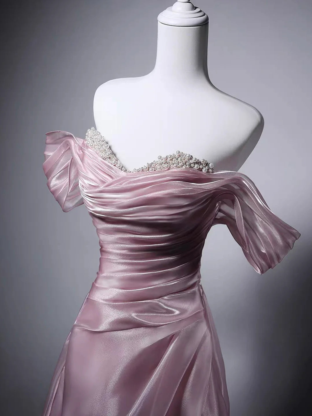 Romantic Blush Pink Iridescent Satin Off-the-Shoulder Ruched Beaded Prom Dresses