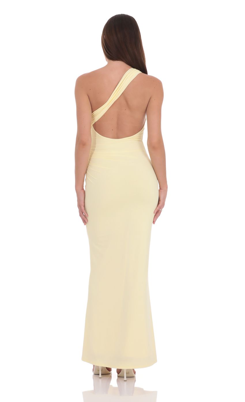 Romantic Butter Yellow One-Shoulder Evening Dress with Ruched Bodice & Open Back