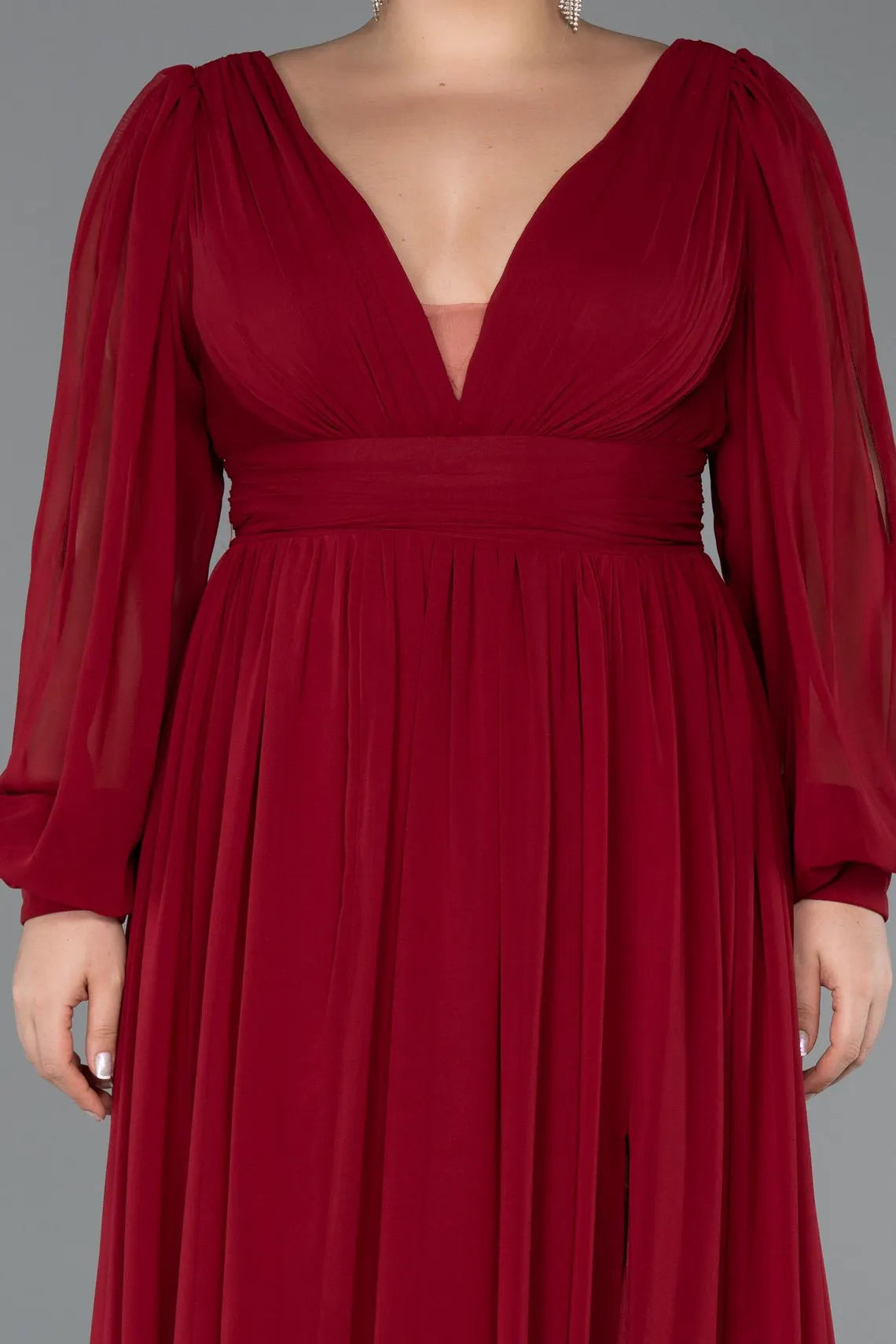 Romantic Chiffon Evening Dress with V-Neck, Sheer Puff Sleeves and High Slit