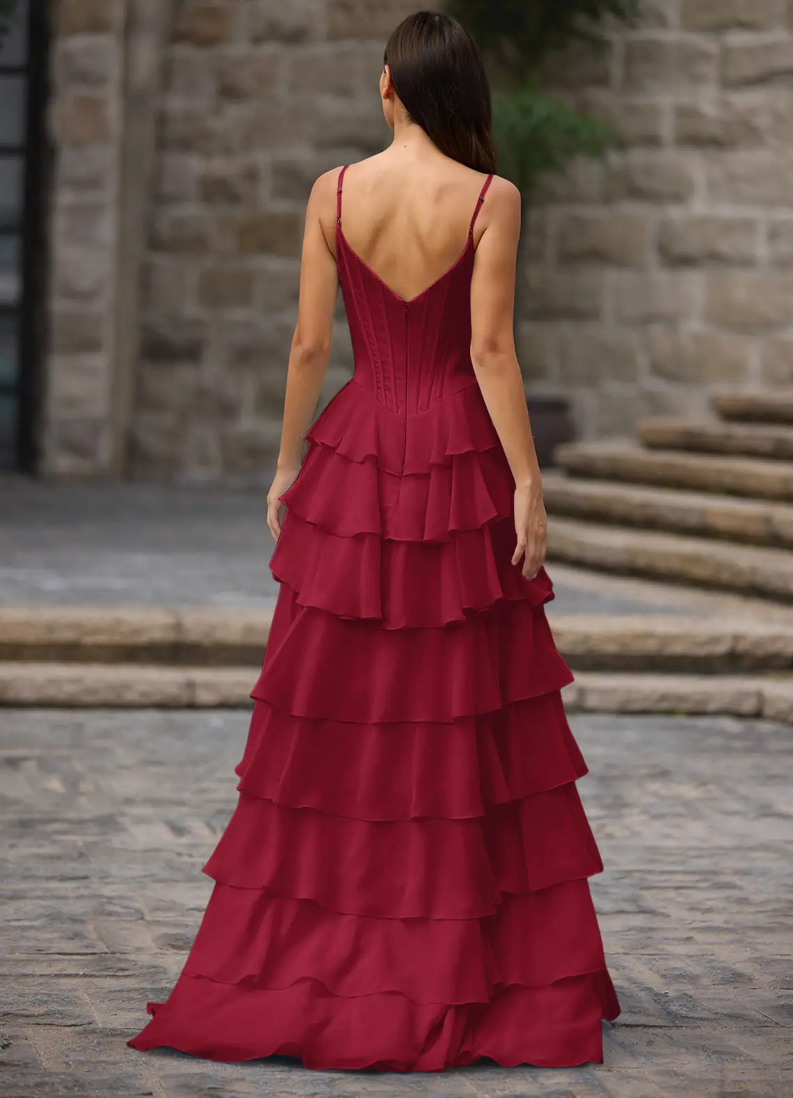 Romantic Chiffon Spaghetti Strap Cowl Neck Lace Appliqué Corset Ruffled High Slit Train Prom Dress
