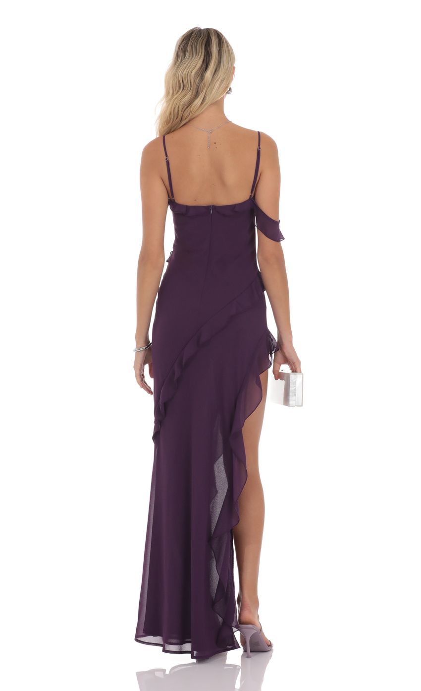 Romantic Cold-Shoulder Ruffled Chiffon Evening Dress with High Slit & Open Back