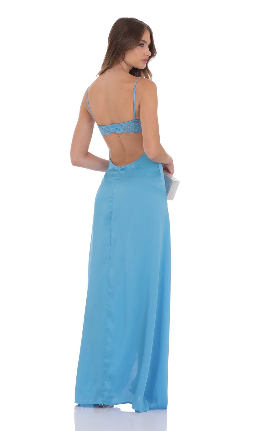 Romantic Cowl Neck Sky Blue Satin Evening Dress with Lace Back Detail & High-Low Ruffle Slit