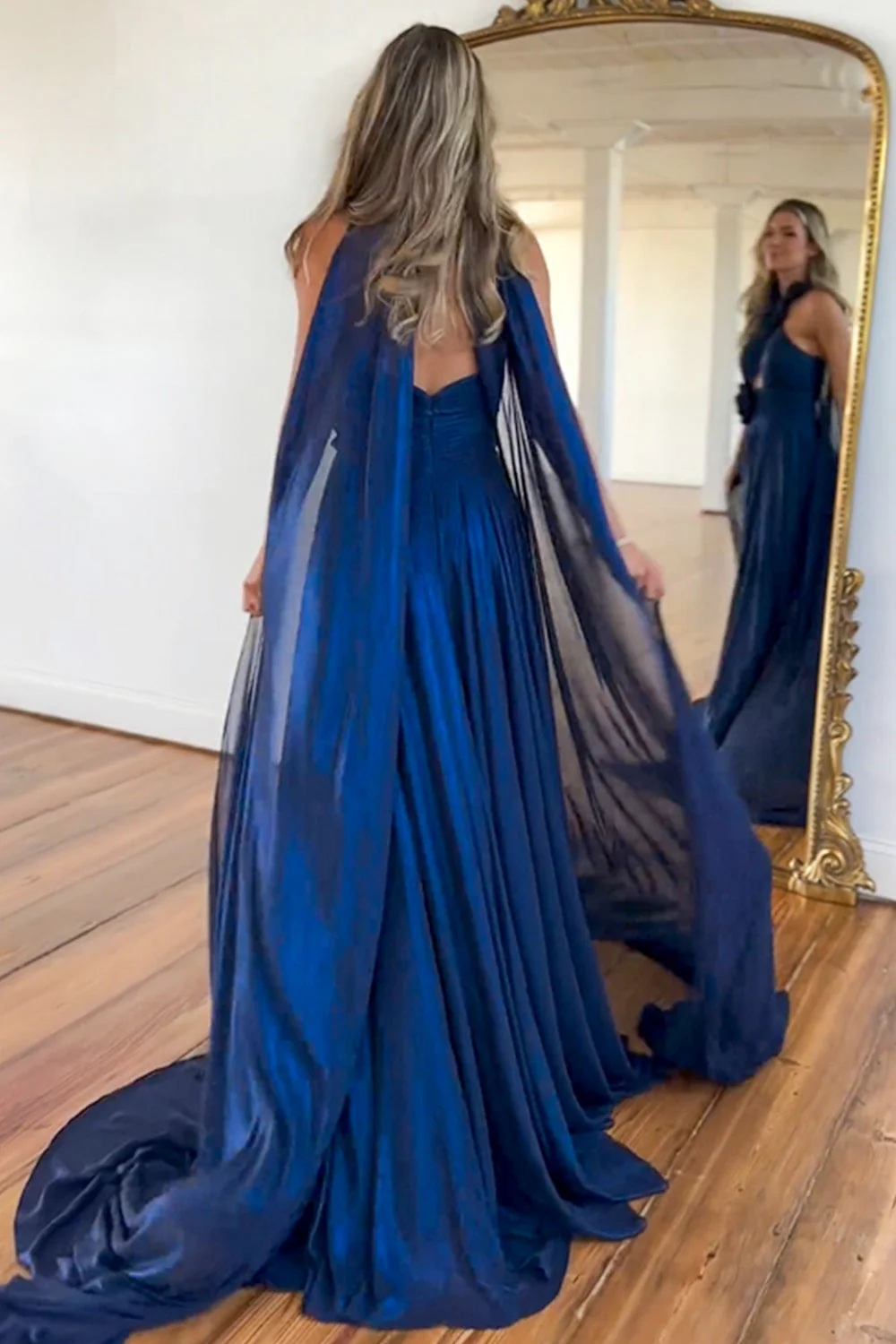 Romantic Halter Neck Floral Applique Keyhole Cutout Cape Sleeve High Slit Train Prom Dress