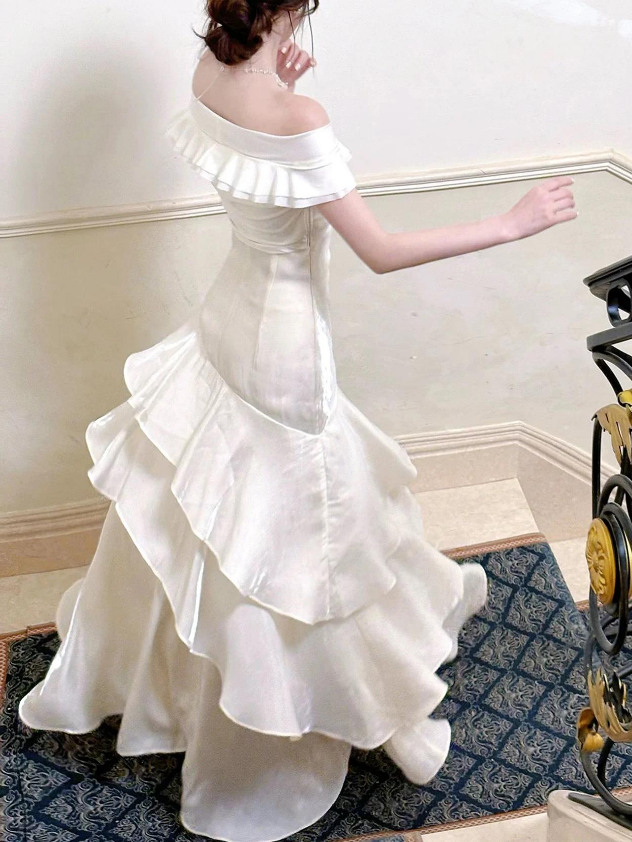 Romantic Ivory Iridescent Satin Off-the-Shoulder Ruched Ruffle Tiered Prom Dresses