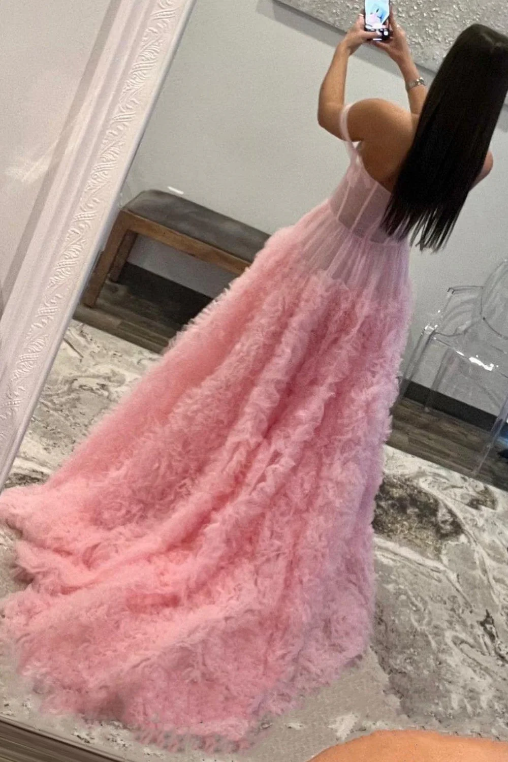 Romantic Off-the-Shoulder Tiered Tulle Prom Dress with Ruffled Skirt and High Slit