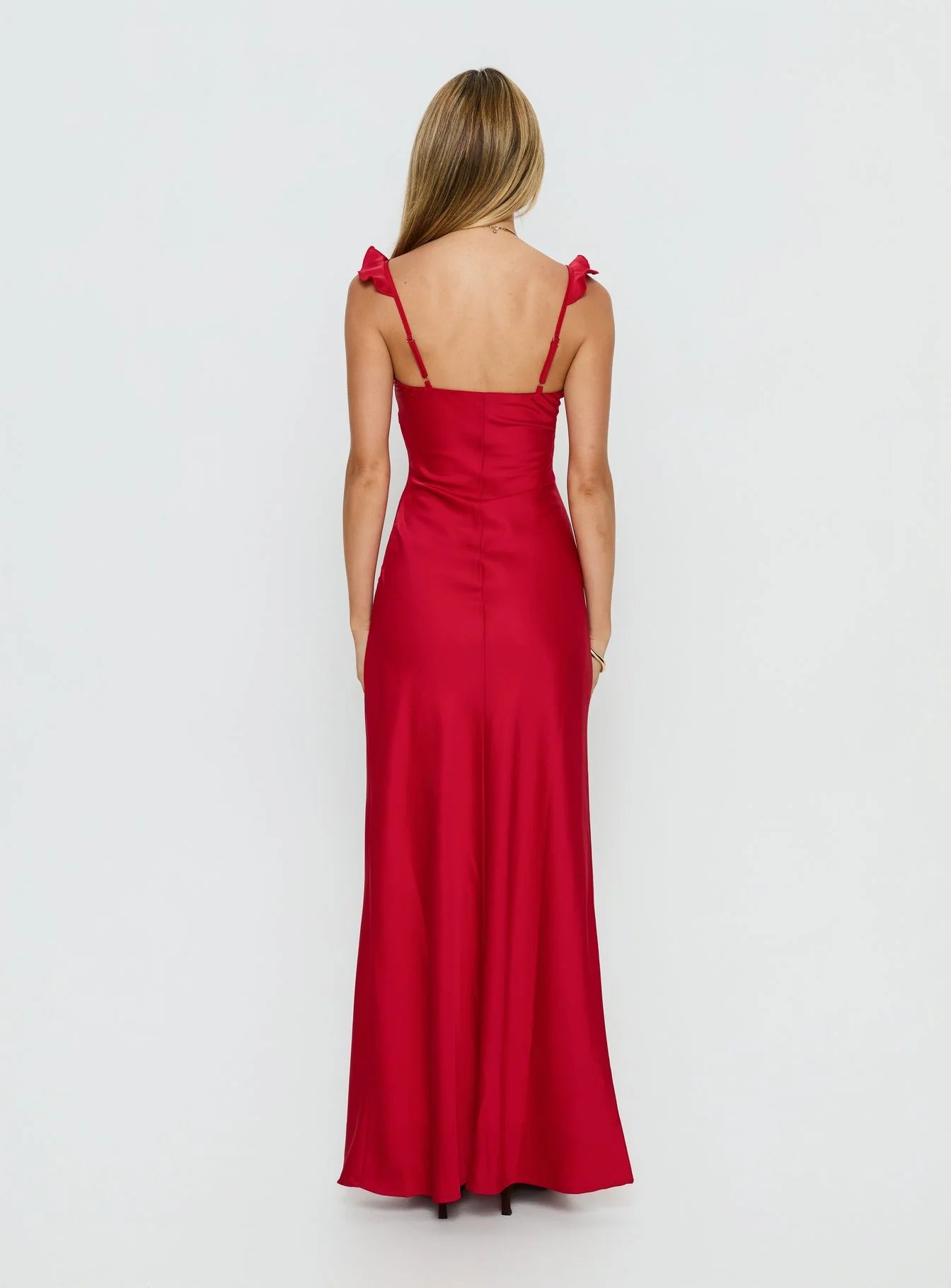Romantic Ruffle Trim Sweetheart Neck Spaghetti Strap Satin Mermaid Evening Dress