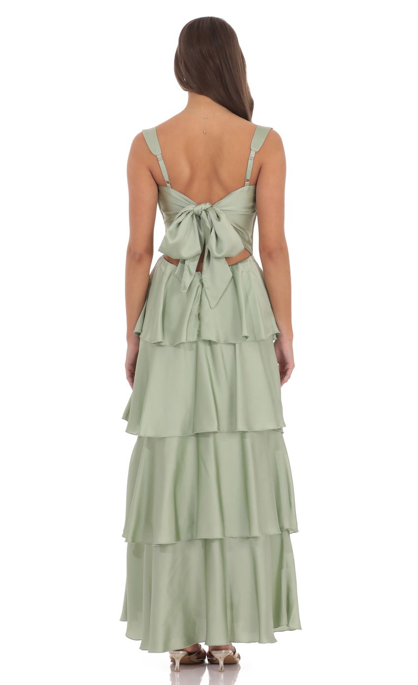 Romantic Sage Green Satin Sweetheart Neck Wide Strap Tie-back Bow Tiered Ruffled Floor-length Evening Dresses