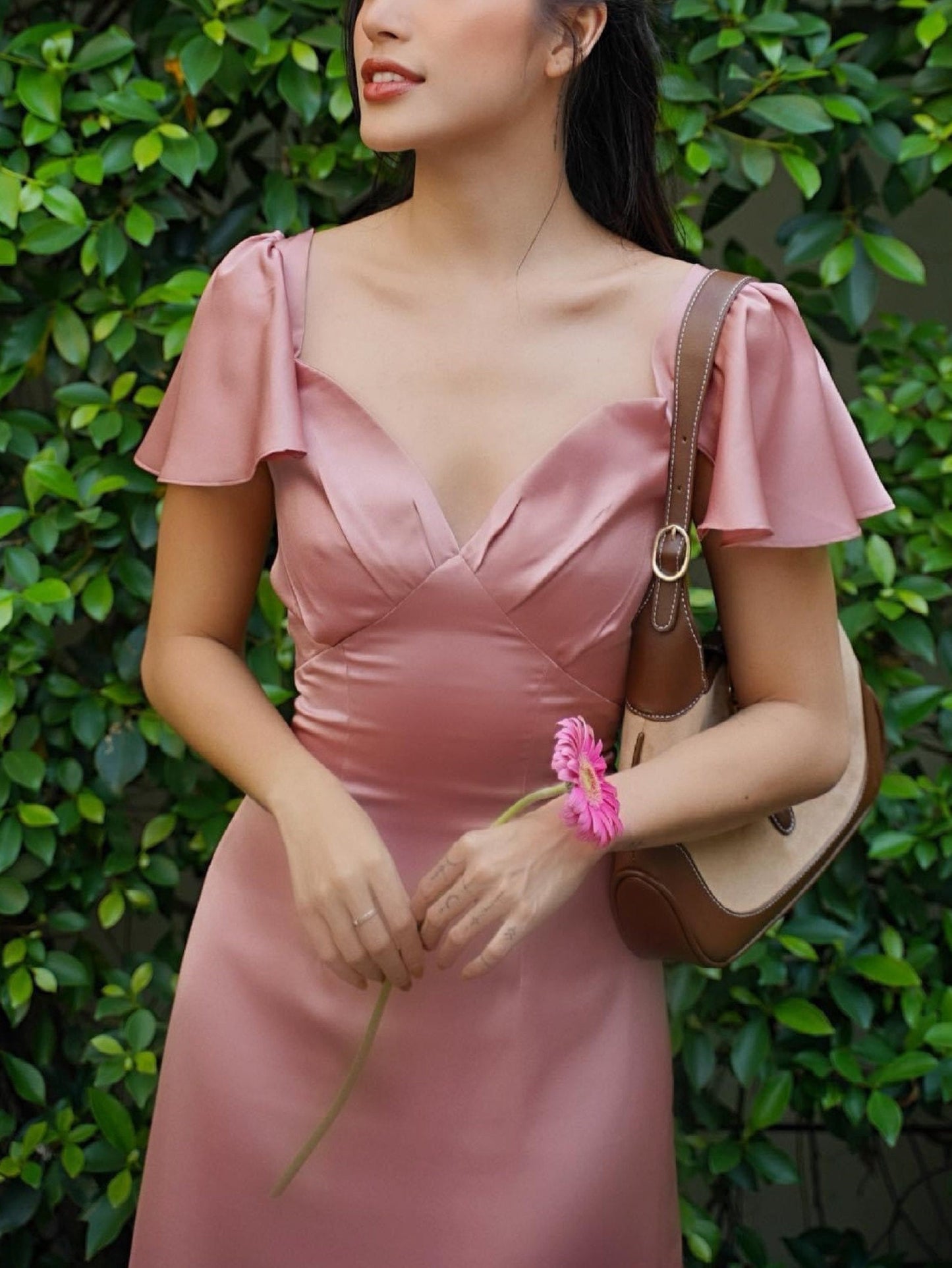 Romantic Satin Flutter Sleeve Lace-Up Back Midi Dress with Sweetheart Neckline
