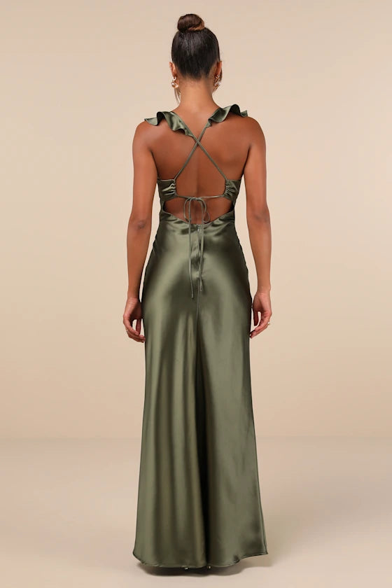 Romantic Satin Ruffled Evening Dresses with Sweetheart Neck, Crisscross Tie Back and Floor-Length Formal Gown