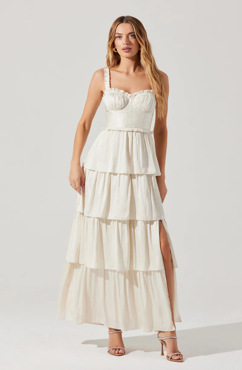 Romantic Satin Tiered Corset Spaghetti-Strap Back-Zip Ruffle Maxi Evening Dresses