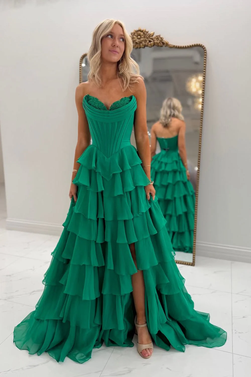 Romantic Strapless Sweetheart Neck Lace Corset Bodice Tiered Ruffle High Slit Train Prom Dress