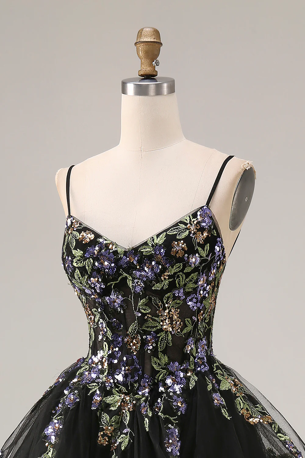 Romantic Tiered Tulle Prom Dress with Floral Sequin Embroidery and Lace-Up Back