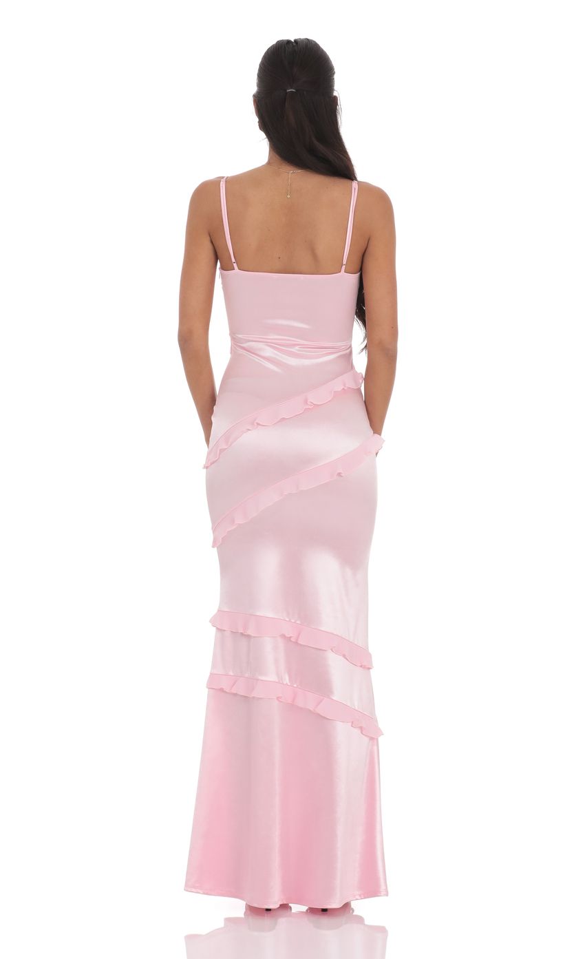 Romantic V-Neck Asymmetric Ruffle Satin Evening Dress with Open Back & Floor-Length Hem